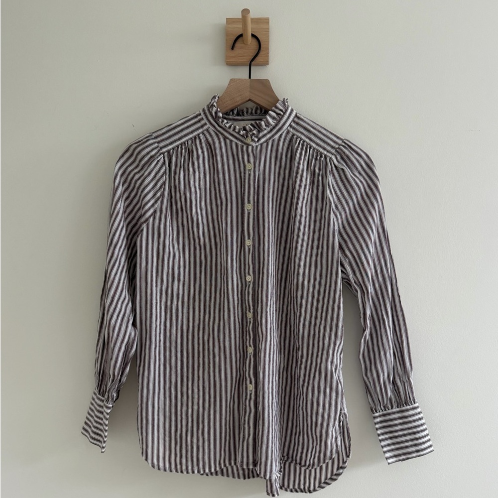 LOFT striped ruffle neck blouse (petite small)